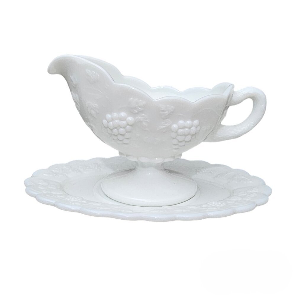 WESTMORELAND Paneled Grape Vintage Milk Glass Gravy Boat with Tray